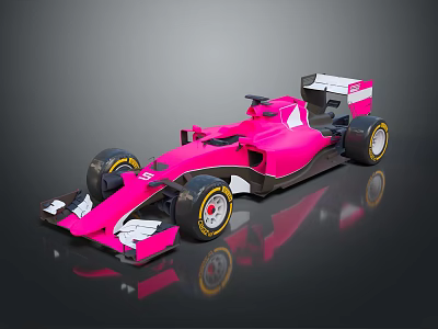 Pink Streamlined Formula 1 Race Car With Rear Wing Black Tires And Yellow Rims 3d model