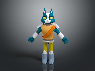 Cartoon Cat Character Design Featuring Blue White Head Yellow Eyes Orange Vest And Yellow Pants 3d model