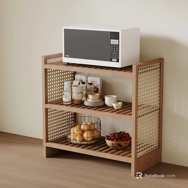 Wooden Open Shelf With Microwave Cups Bowls Bread Basket And Fruit Storage 3d model 