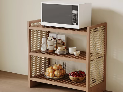 Wooden Open Shelf With Microwave Cups Bowls Bread Basket And Fruit Storage 3d model