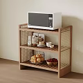 Wooden Open Shelf With Microwave Cups Bowls Bread Basket And Fruit Storage