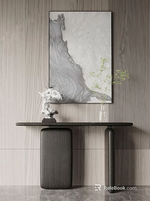 Modern Console Table Interior Design With Decorative Painting Ornament And Plant Vase 3d model 
