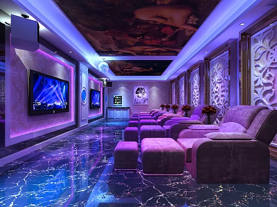 Luxury Sauna Shower Lounge With Purple Sofas TV Screens And Decorative Murals 3d model