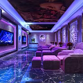 Luxury Sauna Shower Lounge With Purple Sofas TV Screens And Decorative Murals