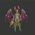 Fantasy Character With Purple Skin Golden Horns Bat Wings Red Gold Armor And Weapon