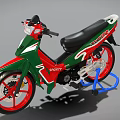 Green Red White Spirit Motorcycle Featuring Black Seat Red Wheels and Blue Stand