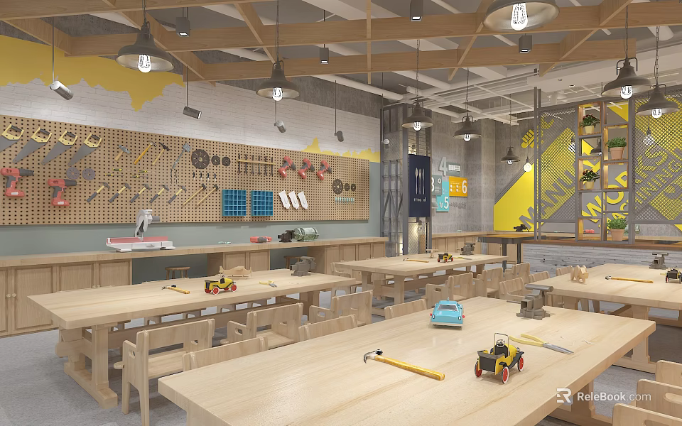 School Craft Workshop Classroom With Wooden Tables Chairs Wall Tools And Pendant Lights 3d model 