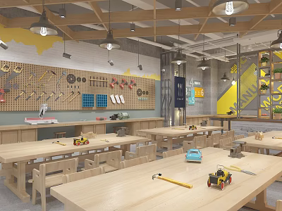 School Craft Workshop Classroom With Wooden Tables Chairs Wall Tools And Pendant Lights 3d model