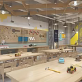 School Craft Workshop Classroom With Wooden Tables Chairs Wall Tools And Pendant Lights