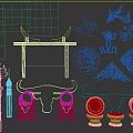 Traditional Ornament Decoration Set With Carved Bull Figurine Metal Necklace And Patterned Plaques