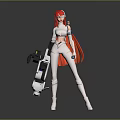 Sci Fi Game Character With Red Hair White Outfit And Futuristic Weapon