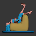 A Woman Lying on a Yellow Sofa with Red Books Scattered on a Blue Base