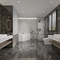 Luxury Hotel Bathroom Interior With Marble Tiles Double Vanity Walk-in Shower And Bathtub