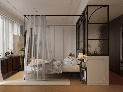 Elegant Bedroom with Four Poster Bed White Sheer Curtains Black Frame Partition and Wooden Flooring 3d model