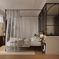 Elegant Bedroom with Four Poster Bed White Sheer Curtains Black Frame Partition and Wooden Flooring