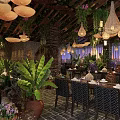 Tropical Restaurant Interior With Hanging Pendant Lights Green Plants And Wooden Ceiling
