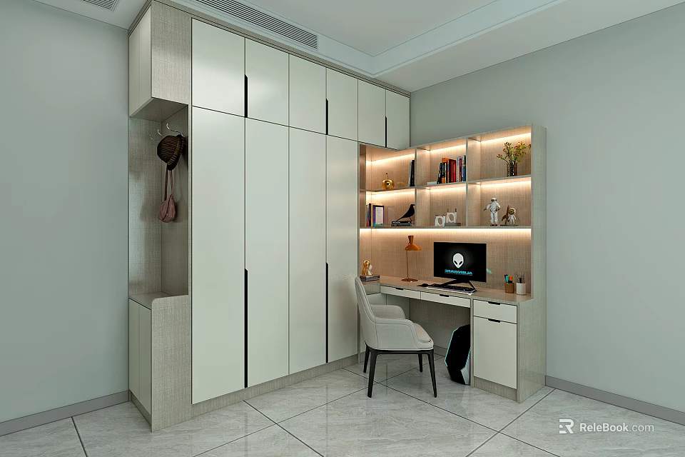 Modern Light Colored Wardrobe Interior With Built In Lighting Desk And Bookshelf 3d model