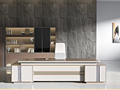 Modern Office Interior Design With Minimalist Stone Wall White Desk And Bookshelf 3d model