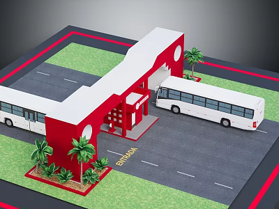 Bus Stop Structure With Red Building White Buses Palm Trees And Green Grass 3d model