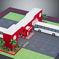 Bus Stop Structure With Red Building White Buses Palm Trees And Green Grass