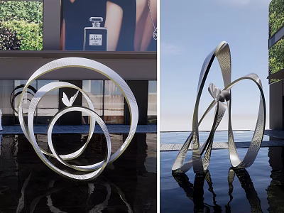 Outdoor Landscape Sculpture with Metal Twisted Circular Rings in Water Pool and Modern Architecture Reflection 3d model
