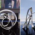 Outdoor Landscape Sculpture with Metal Twisted Circular Rings in Water Pool and Modern Architecture Reflection