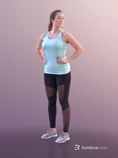 Fit Woman Wearing Light Blue Tank Top And Black Leggings With Hands On Hips 3d model 