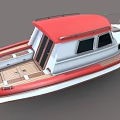 Red And White Wooden Boat With Wooden Deck Cabin Windows And Metal Railings
