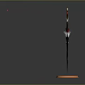 Various Types Of Weapons Displayed On Orange Stands With Different Shapes And Reflective Bases