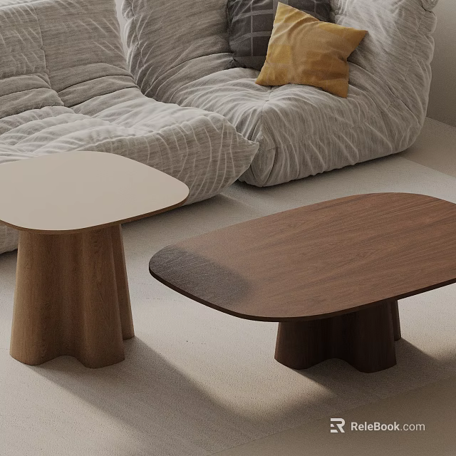 Gray Striped Sofa and Coffee Table Set with Two Wooden Stump Bases and Yellow Cushion 3d model 