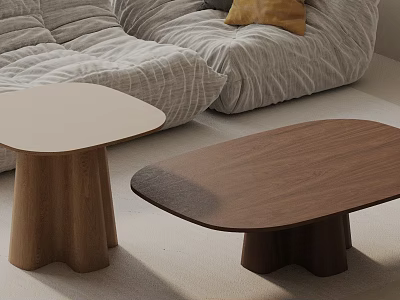 Gray Striped Sofa and Coffee Table Set with Two Wooden Stump Bases and Yellow Cushion 3d model
