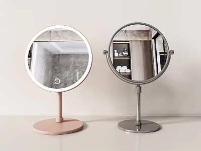 Two Round Lighted Vanity Mirrors With Pink And Silver Stand Bases 3d model