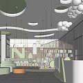 Bright Kindergarten Space with Green Circular Lights Cloud Decor Slide Bookshelves and Sofas 3d model