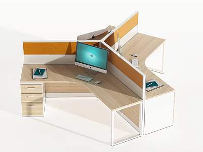 Modern Partitioned Office Desk With Computer Monitor Keyboard Mouse Drawers And Orange Partitions 3d model
