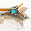 Modern Partitioned Office Desk With Computer Monitor Keyboard Mouse Drawers And Orange Partitions