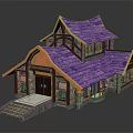 Cartoon Style Building With Purple Roof Yellow Eaves Wooden Structure Front Steps And Book Sign