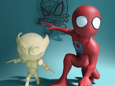 Cute Red Spider Man Doll And Yellow Hero Doll With Wall Design 3d model