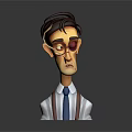 Cartoon Male Character With Glasses Red Eye Brown Hair White Shirt Blue Tie Brown Suspenders Gray Background Reflection