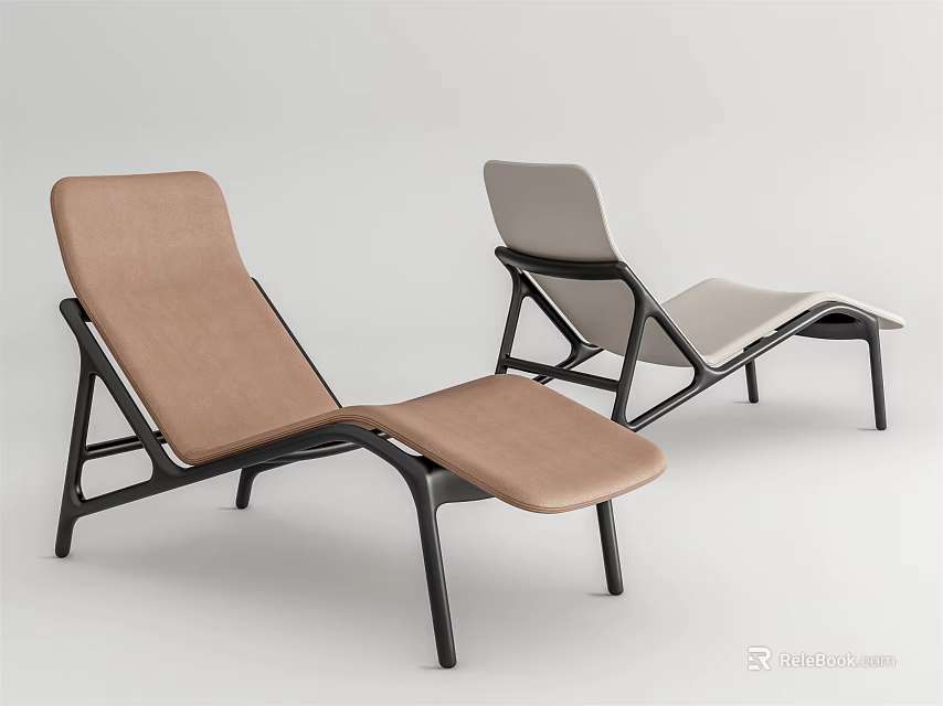 Two Modern Lounge Chairs With Brown And Beige Upholstery And Black Metal Frame 3d model 