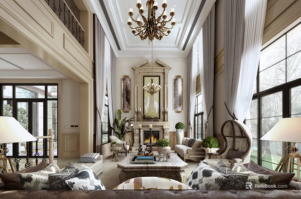 Spacious Luxurious Duplex Living Room Interior Design With Chandelier Fireplace And Large Windows Curtains 3d model 