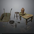 Vintage Garden Tools And Furniture With Wheelbarrow Stool Clay Pot Watering Can And Wooden Table