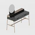 Modern Dressing Table With Black Striped Top And Gold Metal Frame And Round Mirror