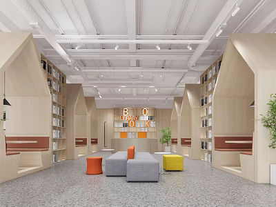 Book Art Themed Library Interior With Wooden Bookshelves Colorful Seating And Decorative Letters 3d model