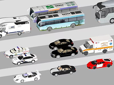 Various Cars and Vehicles Including Police Cars Ambulance Buses RV and Sports Car on Road 3d model