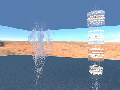 Chandeliers With Feathery and Multi Layered Transparent Designs in Desert Blue Sky on Dark Floor 3d model