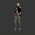 Female Character With White Short Hair Black Jacket Mechanical Arm Metallic Pants And Boots
