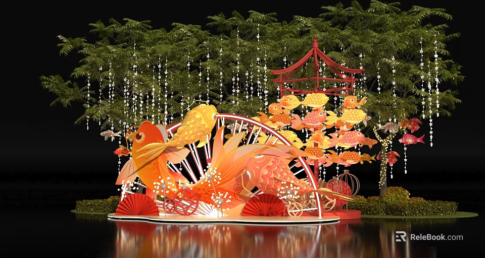 Scenic Photo Check In Spot With Red Pavilion Golden Fish Red Fans And Hanging Light Strings 3d model 