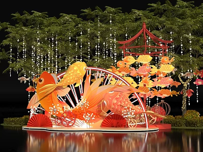 Scenic Photo Check In Spot With Red Pavilion Golden Fish Red Fans And Hanging Light Strings 3d model