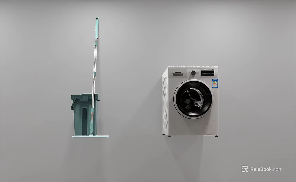 White Washing Machine With Green Mop And Trash Bin Against Gray Wall 3d model 