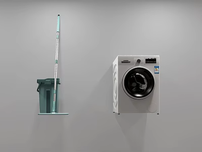 White Washing Machine With Green Mop And Trash Bin Against Gray Wall 3d model